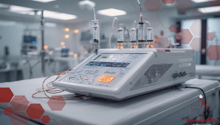 نمایش پمپ سرنگ پزشکی با حسگرهای کنترل فشار، هشدارهای ایمنی و سیستم توقف خودکار در صورت انسداد.