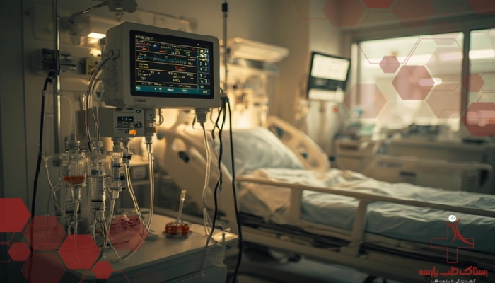 نمایی از یک پمپ سرنگ پزشکی مدرن در بخش مراقبتهای ویژه بیمارستان در حال تنظیم نرخ تزریق دارو.