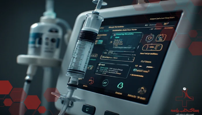 نمای نزدیک صفحه‌نمایش پمپ سرنگ با کتابخانه دارویی و هشدار ایمنی