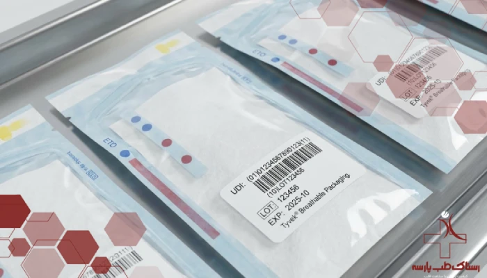 تصویر مجموعه کامل ملزومات مصرفی آنژیوگرافی شامل وایر، کاتتر، شیت و سرنگ روی کاور استریل.