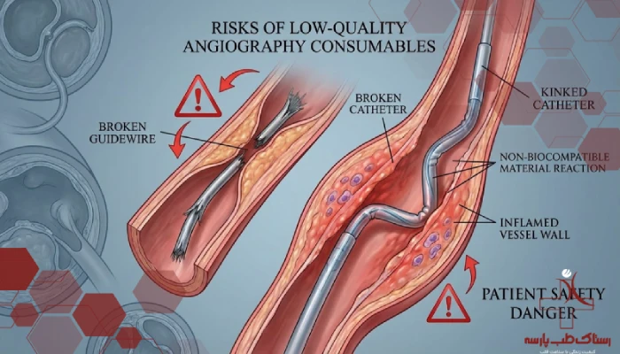 تصویر پزشکی از خطرات ملزومات بیکیفیت آنژیوگرافی شامل شکستن گاید وایر، کینک شدن کاتتر و التهاب عروق به علت مواد غیراستاندارد.